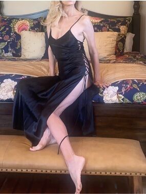 1999 Victoria’s Secret Silky Satin Black Lattice Corset Maxi Gown Slip Dress M